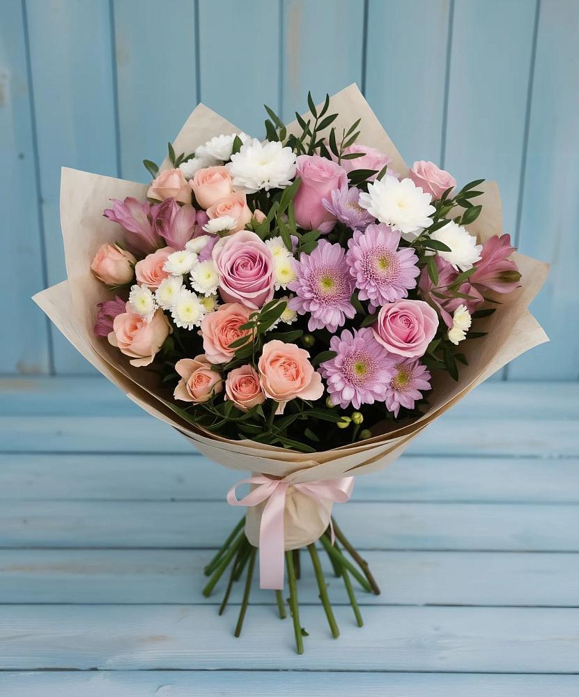 Букет цветов из: Хризантемы, Розы и Альстромерии в Марьинской