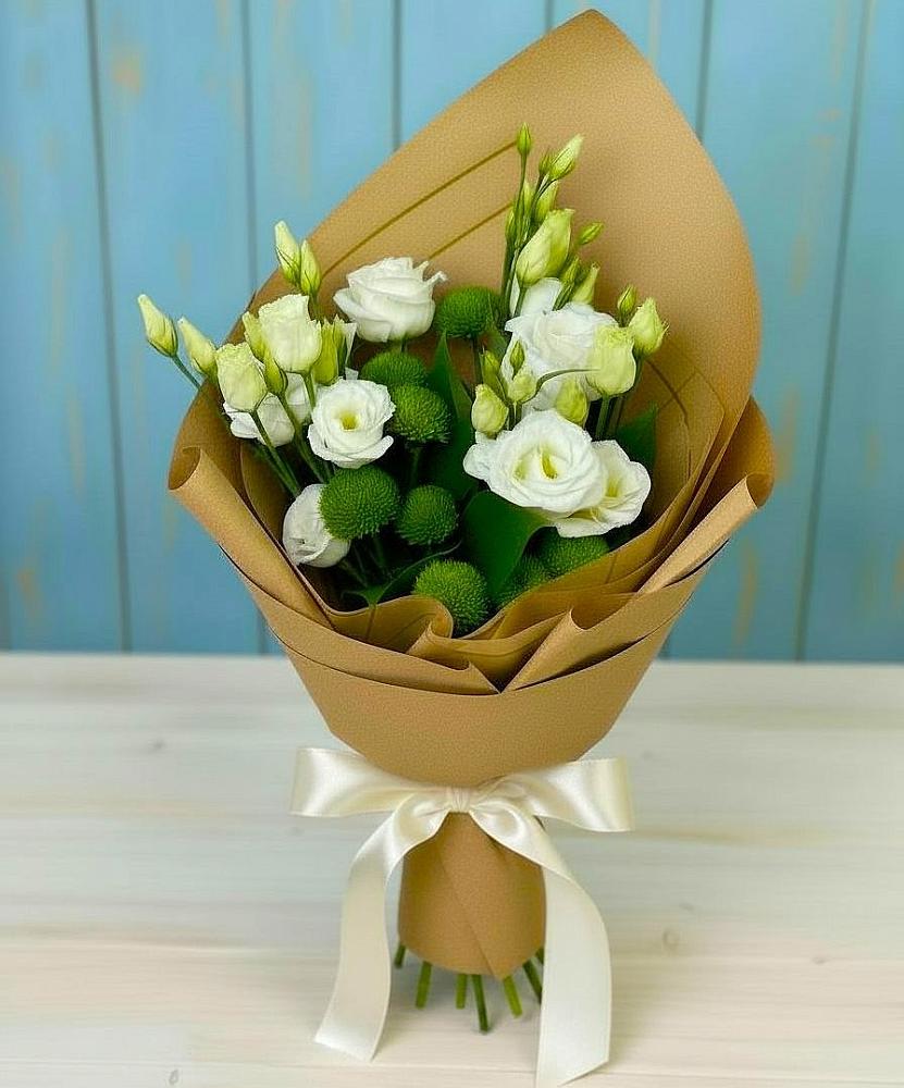 Букет цветов из: Хризантемы и Лизиантусы в Марьинской