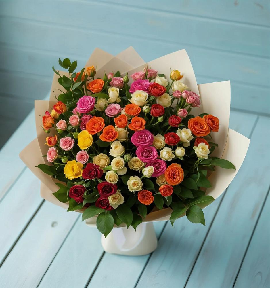 Букет Микс из разноцветных кустовых роз в Марьинской