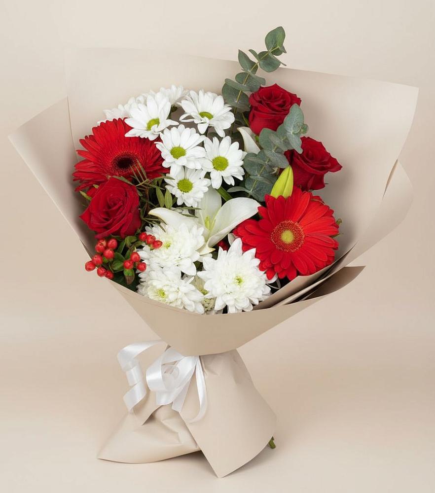 Букет цветов из: Розы, Хризантемы, Герберы и Лилии в Марьинской