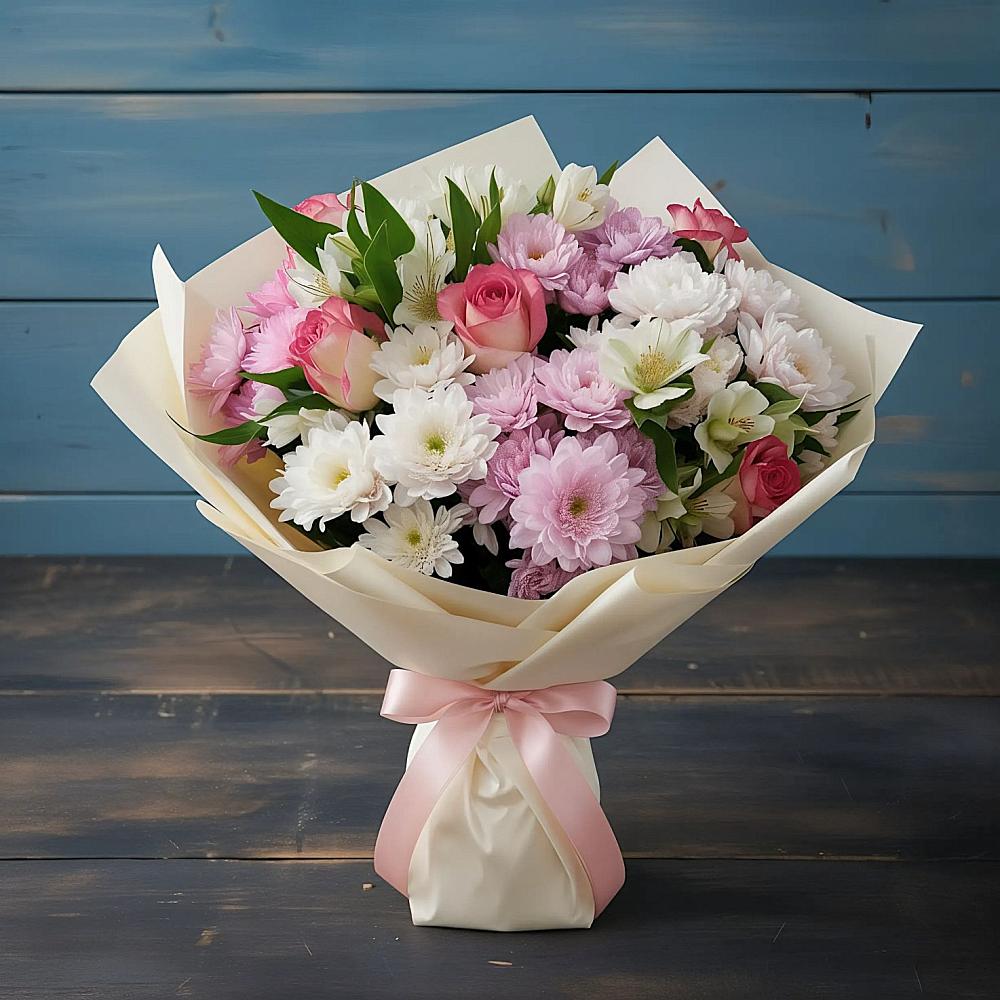 Букет цветов из: Хризантемы, Альстромерии и Розы в Марьинской